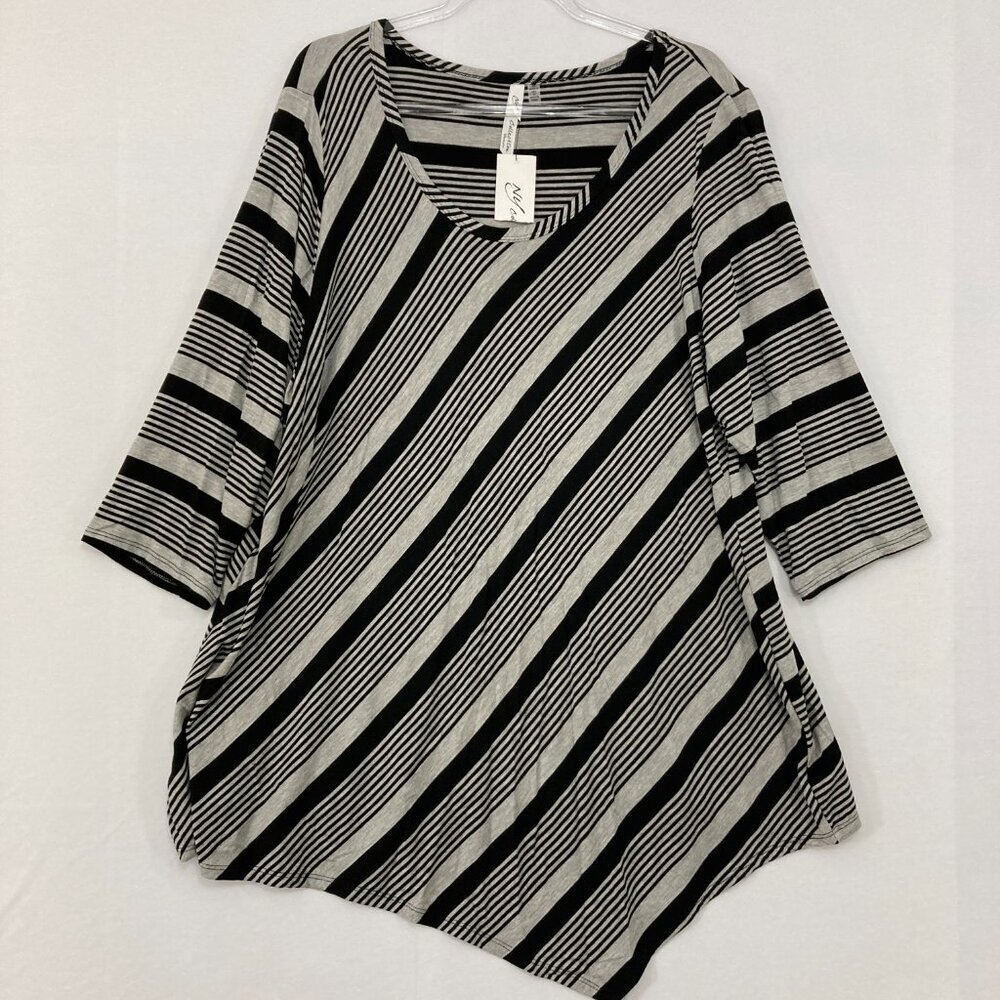 NWT NY Collection 3X Black Gray Striped Asymmetric 3/4 Sleeve Stretch Top